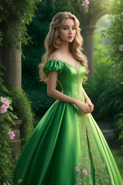 A beautiful lady is wearing a green luxury dress and standing in a garden