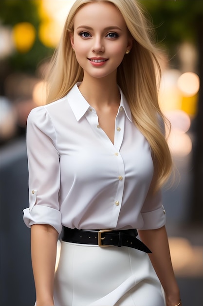 A beautiful lady is wearing white blouse and skirt