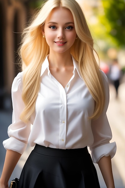 A beautiful lady is wearing white blouse and skirt