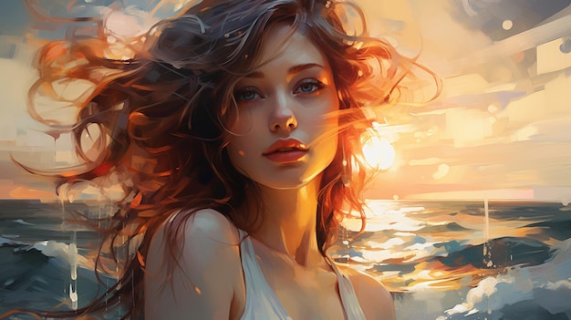 Beautiful lady ocean sunset hand painting Modern Art AI generated picture