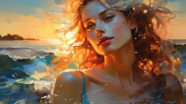 Прекрасная леди на закате океана, ручная живопись, современное искусство, изображение, сгенерированное искусственным интеллектом.