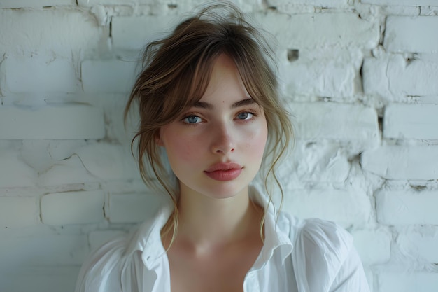 A beautiful lady posing against a white wall