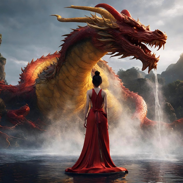 A beautiful lady standing in front of a dragon with water pouring in the style of gongbi