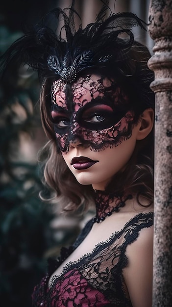 A beautiful lady wearing a glamorous dress and makeup and a masquerade mask