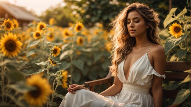 Beautiful lady wearing white dress on sunflower field