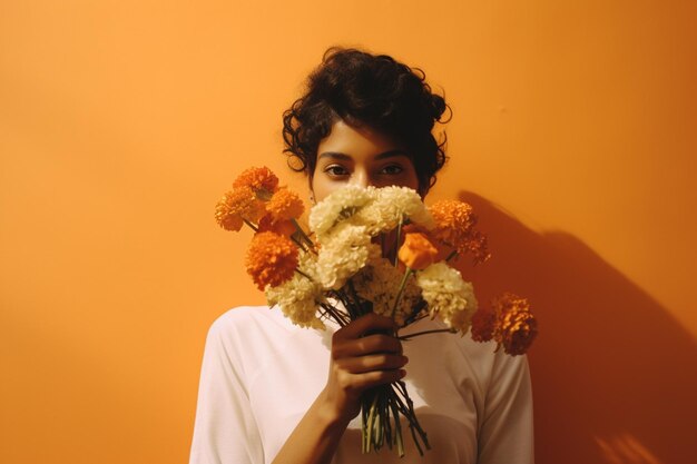 a beautiful lady with flowers standing in front of a brightly colored wall on fashion style background