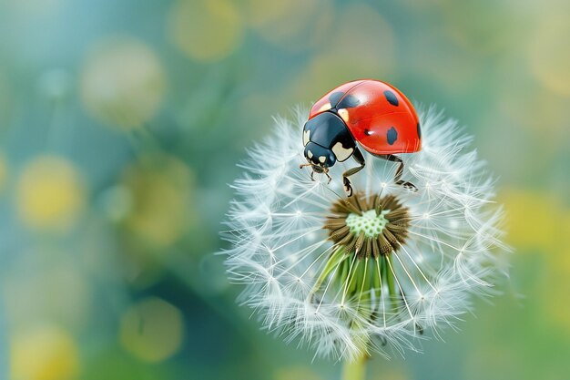 Beautiful ladybug on a dandelion with bokeh effect