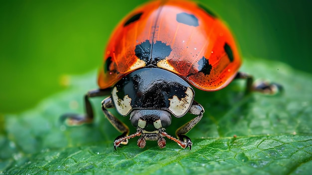 A beautiful ladybug sits on a green leaf The ladybug has a red back with black spots The leaf has a green color and a smooth surface