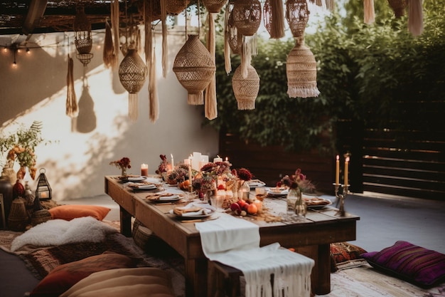 Photo beautiful laid boho wedding banquet table