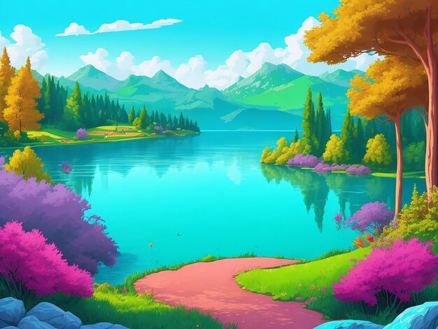 Beautiful lake cartoon illustration