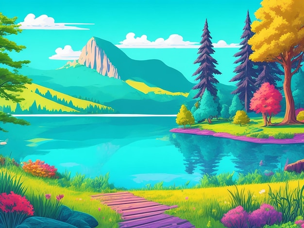 Photo beautiful lake cartoon illustration