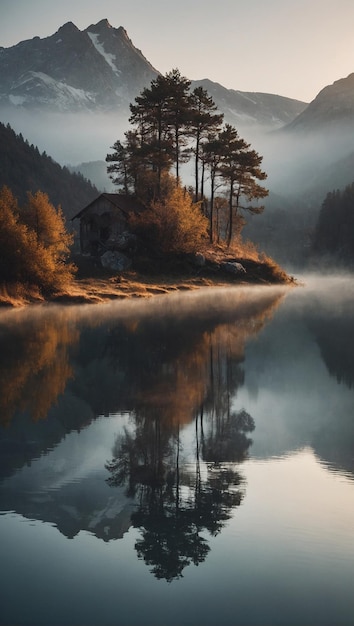 Beautiful lake in the fog