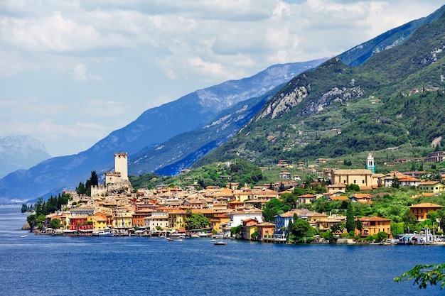 Beautiful lake lago di garda, north of italy. view with castle in malcesine