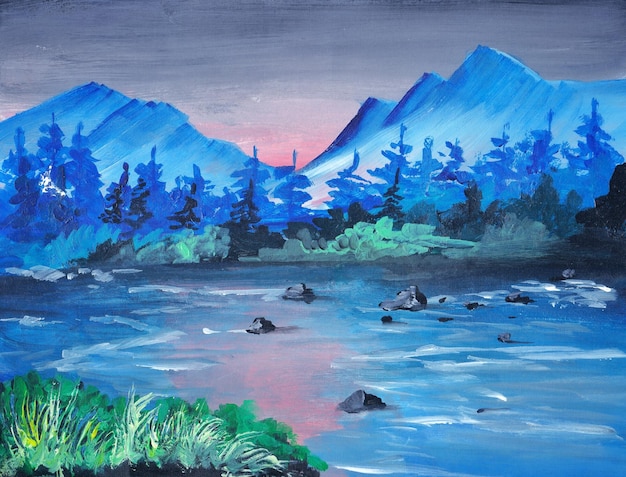 Beautiful lake landscape acrylic painting background