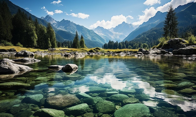 a beautiful lake in the mountains reflected in the sky