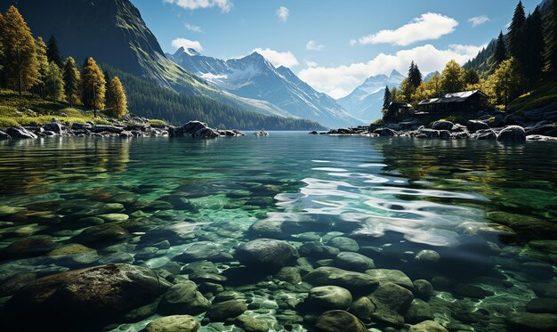 Foto un bellissimo lago in montagna riflesso nel cielo