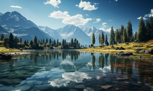 a beautiful lake in the mountains reflected in the sky