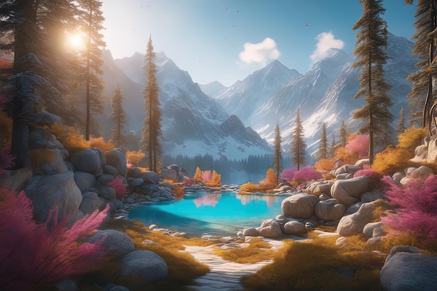 山の中の美しい湖山の中の美しい湖3 d イラストレーション美しい風景