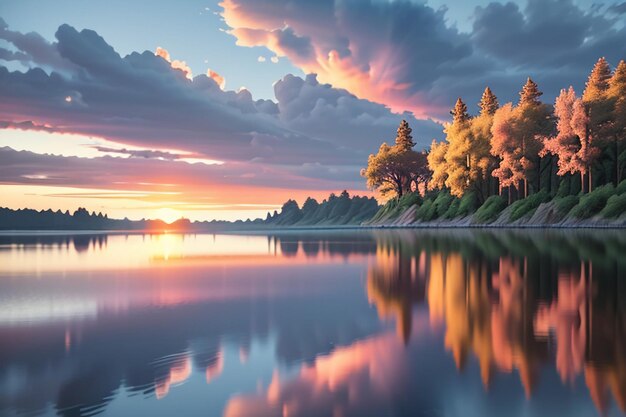 美しい湖の自然の風景写真の壁紙リラックス楽しいイラスト