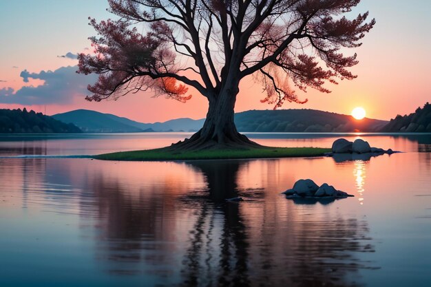 美しい湖の自然の風景写真の壁紙リラックス楽しいイラスト