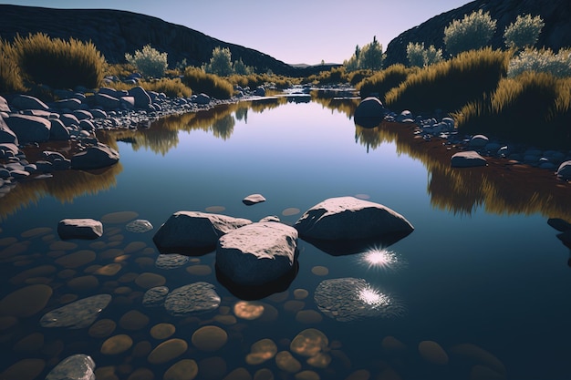 Beautiful lake river clean water view inside stones clear sky background landscape