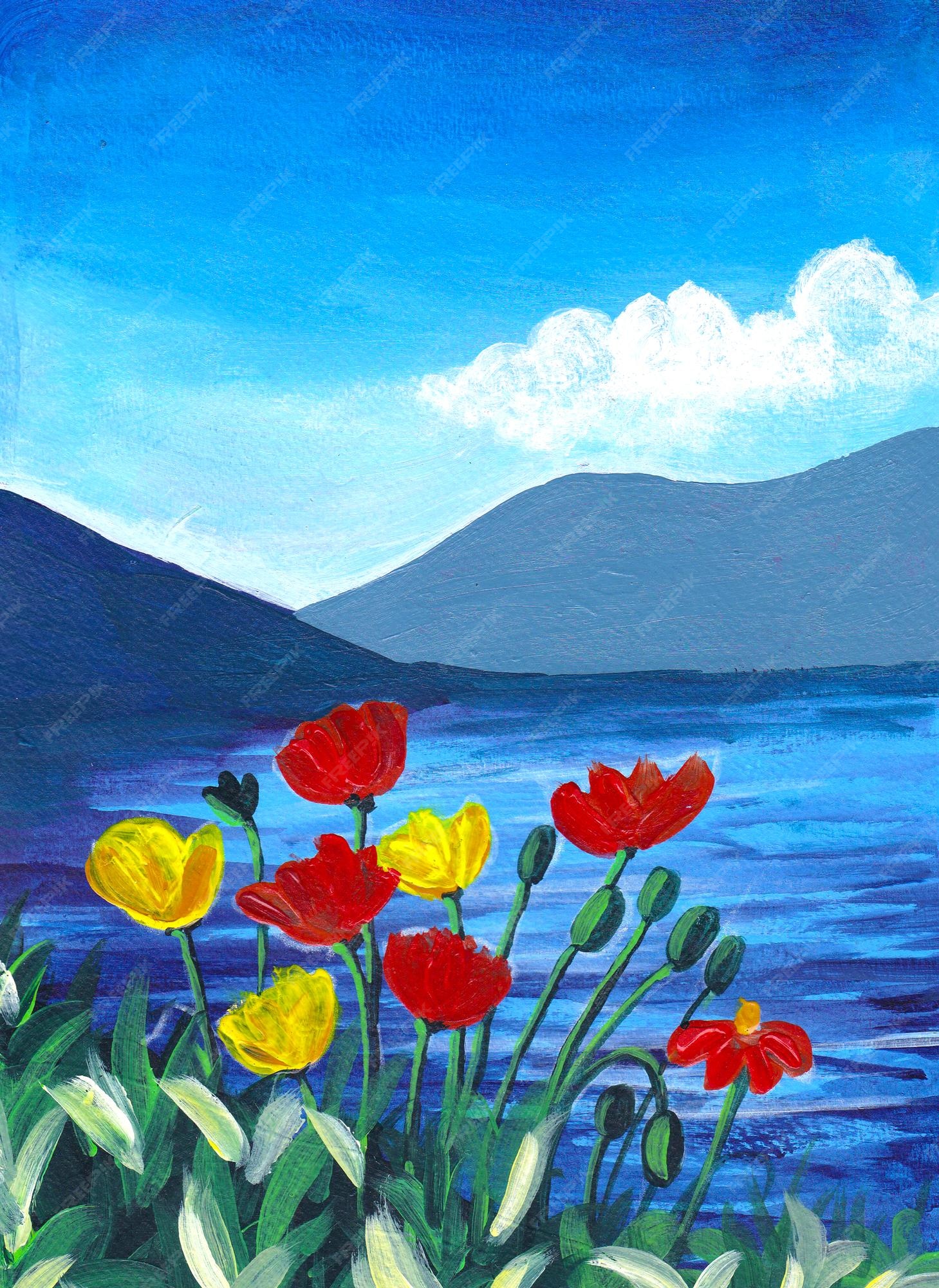 Premium Photo | A beautiful lake scenery oil pastel drawing