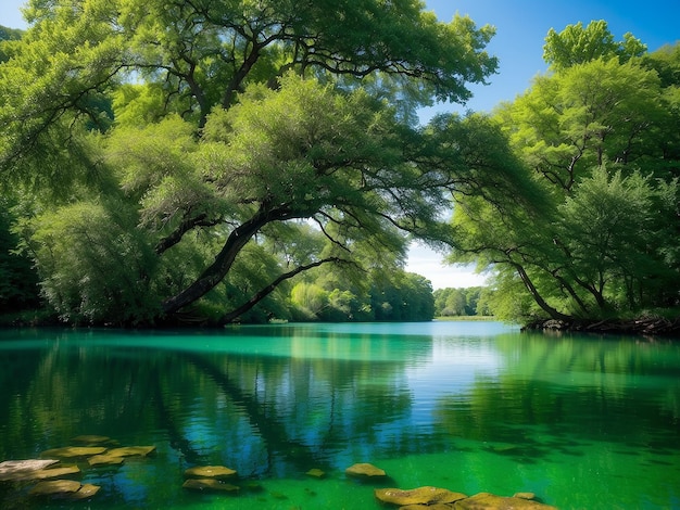 The beautiful lake surrounded by lush green trees