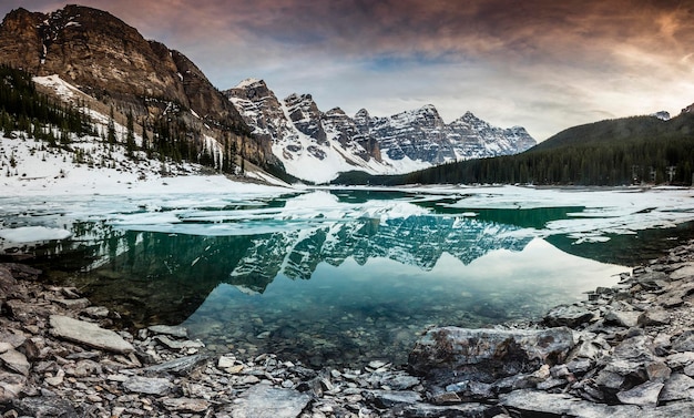 Beautiful lake surrounded by snowy mountains