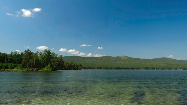 Beautiful lake view summer landscape with blue sky trees and lake timelapse