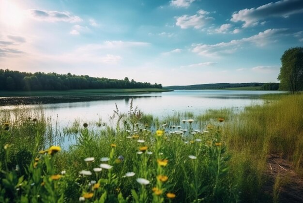 花と緑の草の美しい湖の景色