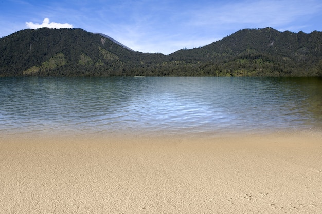 Beautiful lake view with hill and blue sky background