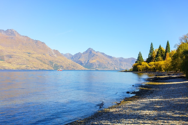 Beautiful Lake Wakatipu in Queenstown in Autumn , South Island of New Zealand