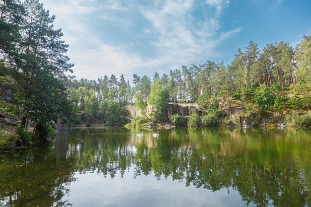 beautiful lake with a canyon on which swans swim with a blue sky close up