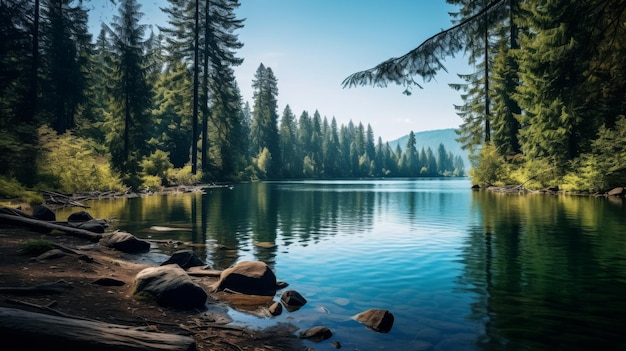 Beautiful lake with dense pine forest and sunlight