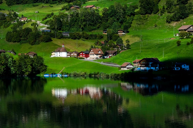 beautiful lake with green water calm water in beautiful lake lake in lungern Switzerland