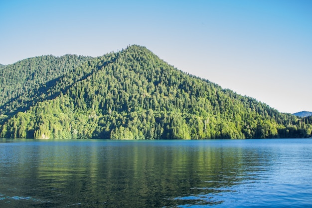 Beautiful lake with a mountain full of trees