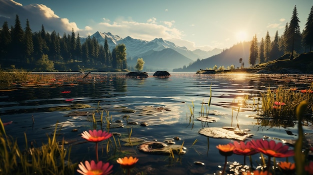 Beautiful lake with mountains and forest illustrationgenerative ai