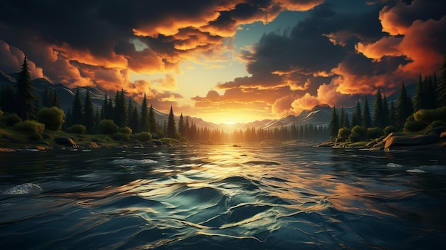 Beautiful lake with mountains and forest illustrationgenerative ai