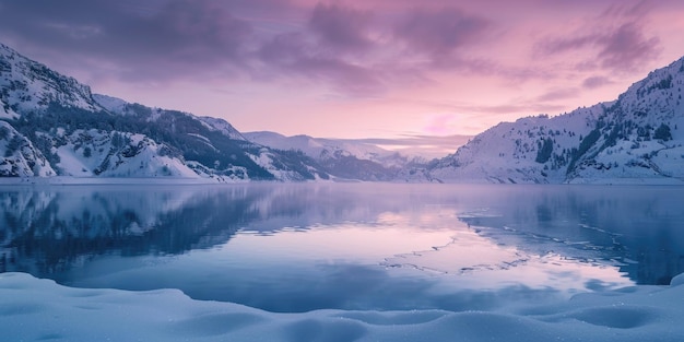 A beautiful lake with a pink sky in the background The sky is a mix of pink and purple creating a serene and peaceful atmosphere The lake is surrounded by snowcovered mountains