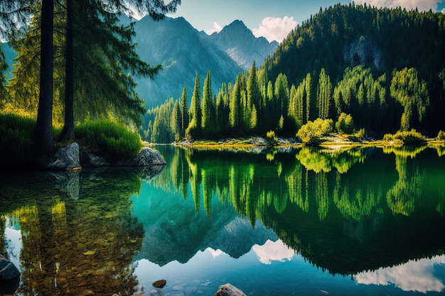 Beautiful lakeside landscape with surrounding green trees reflected in it