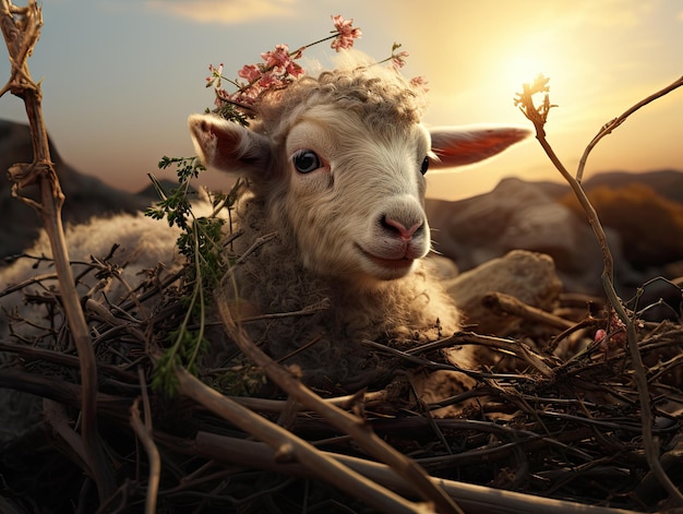 Beautiful lamb sitting in a crown of thorns Jesus Christ Apocalypse Bible book epic background