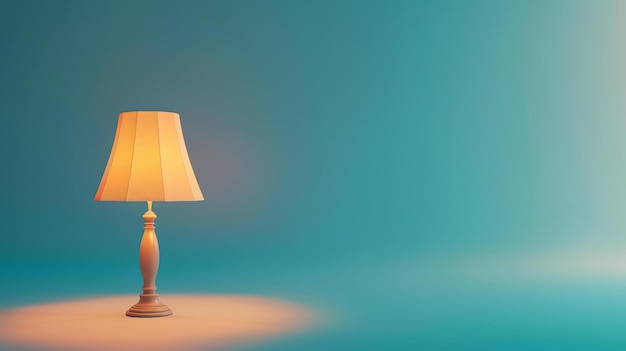 A beautiful lamp on a white table against a blue background The lamp is turned on and is casting a warm glow