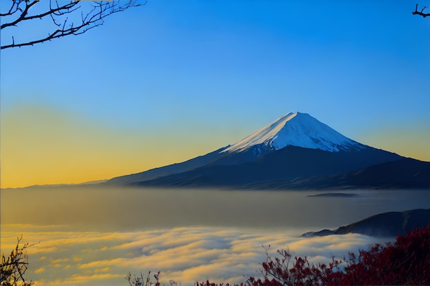 푸지 산의 아름다운 랜드마크와 일본 해가 지는 레토 파고다