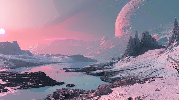 Photo a beautiful landscape of another planet with a large moon in the background the surface is covered in snow and ice