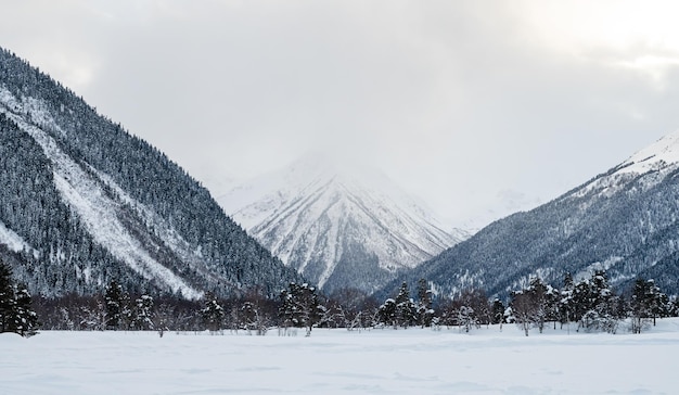 Beautiful landscape in Arkhyz with mountains snow and forest on a cloudy winter day Caucasus Mountains Russia