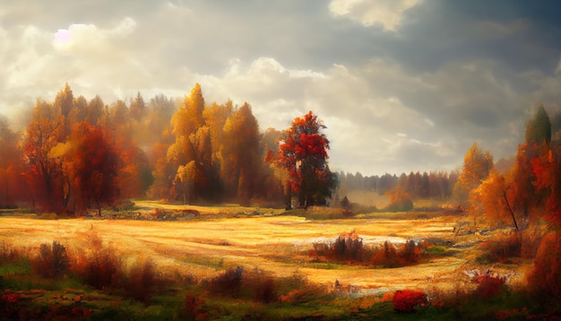 Beautiful landscape autumn forest orange leaves hand painted picture