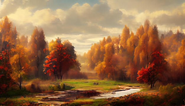 Beautiful landscape autumn forest orange leaves hand painted picture