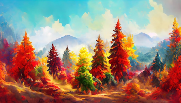 Beautiful landscape autumn forest during sunset orange leaves hand painted picture