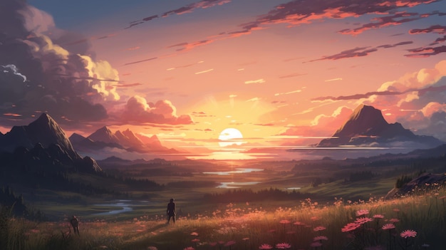 美しい風景の背景 雲の山と湖のアニメスタイルの夏の夕暮れ