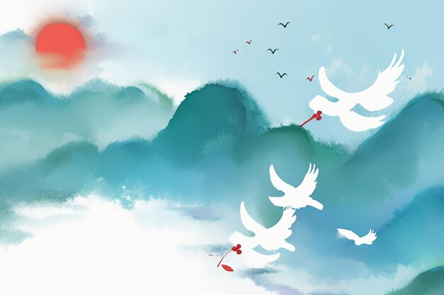 Beautiful Landscape Background Illustration Sun Mountain Bird River Lake Boat Watercolor Wallpaper